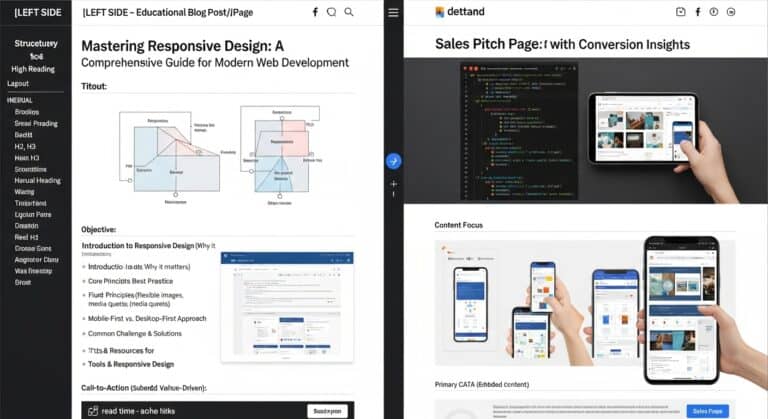 Responsive web design guide and sales pitch page example on multiple devices.